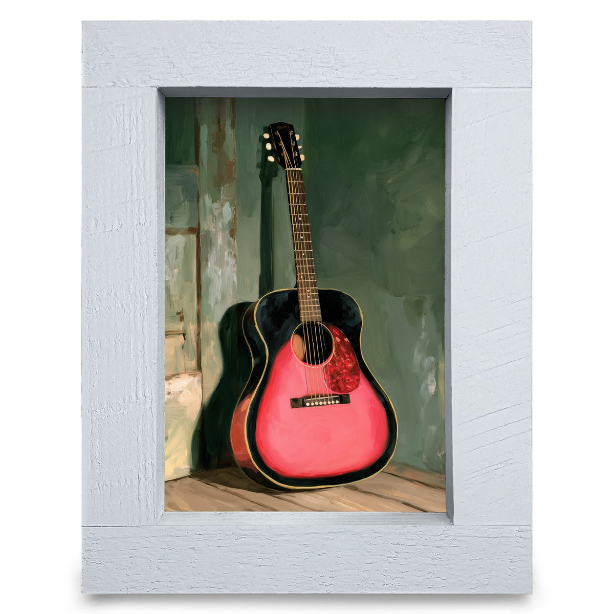Pink Guitar in the Corner | Real Wood Framed Wall Art Print