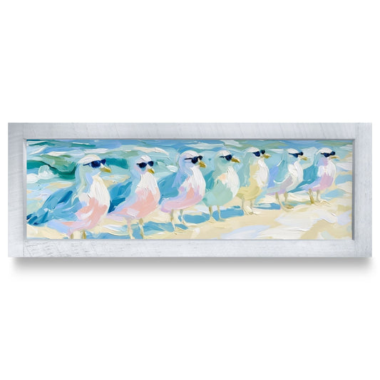 Seagulls In Sunglasses | Real Wood Framed Wall Art Print | Skinny