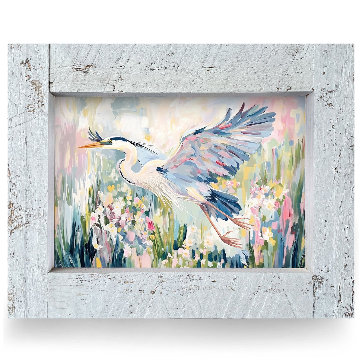Heron In Wildflowers | Real Wood Framed Wall Art Print