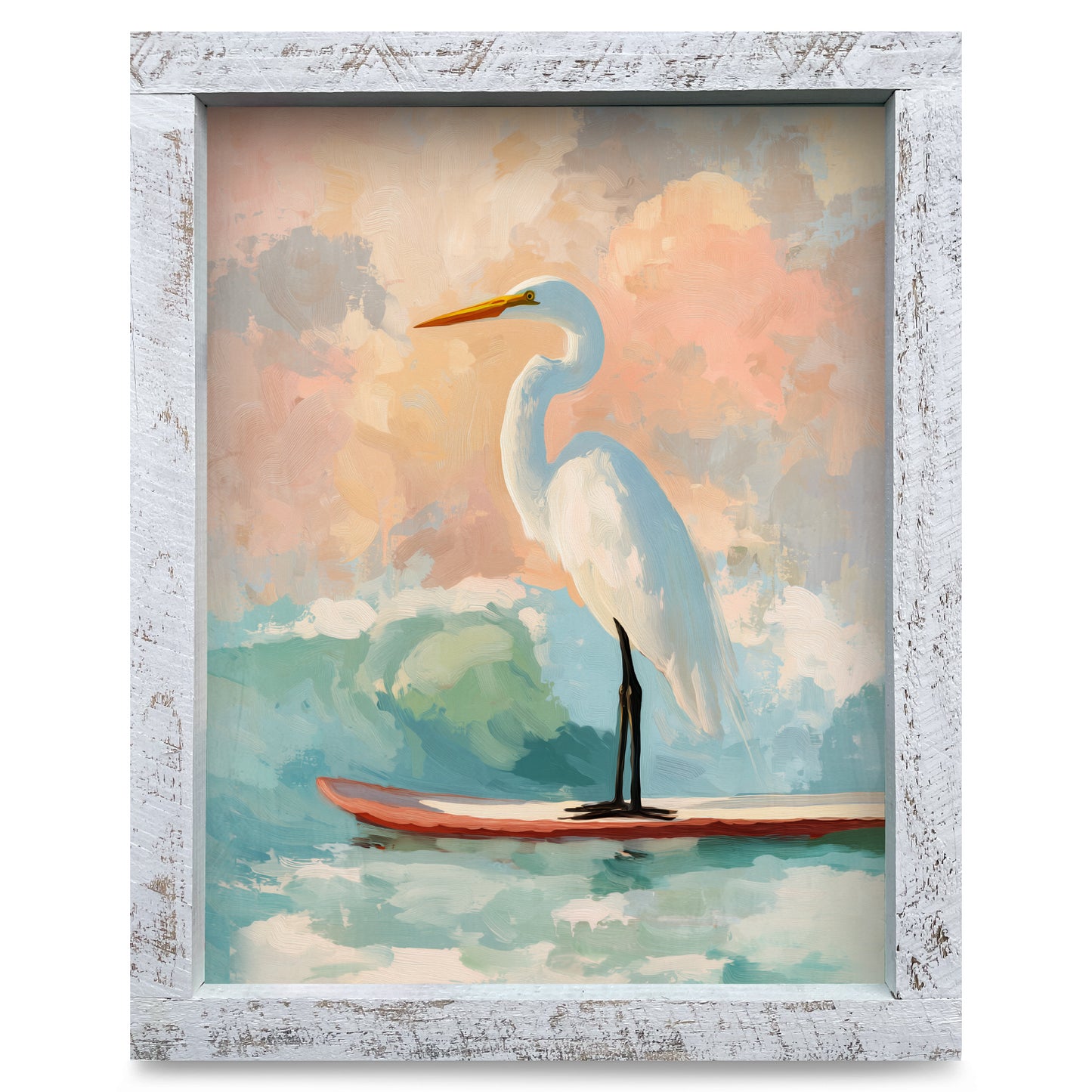 White Heron Surfing | Real Wood Framed Wall Art Print
