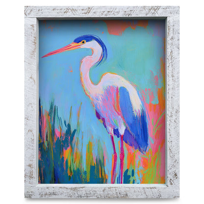 Colorful Blue Heron | Real Wood Framed Wall Art Print