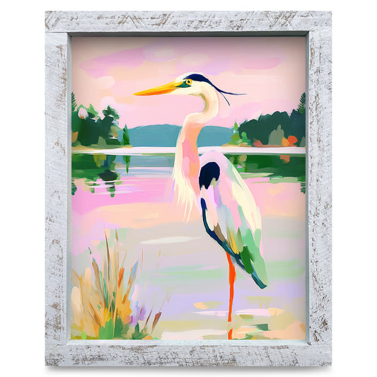 Dreamy Lake Heron | Real Wood Framed Wall Art Print