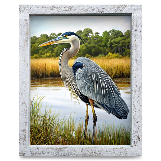 Marsh Blue Heron | Real Wood Framed Wall Art Print