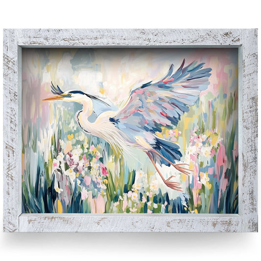 Heron In Wildflowers | Real Wood Framed Wall Art Print