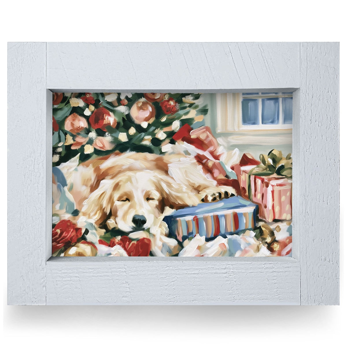 Golden Retriever Christmas Nap | Real Wood Framed Wall Art Print
