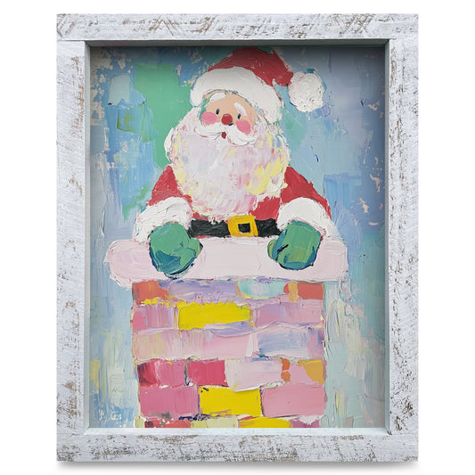 Cute Chimney Santa | Real Wood Framed Wall Art Print