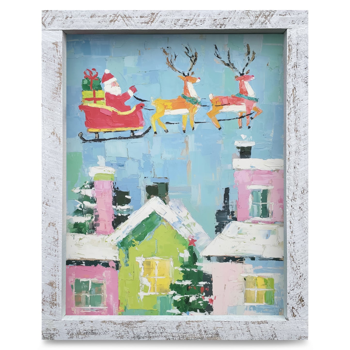 Santa Over the Rooftops | Real Wood Framed Wall Art Print