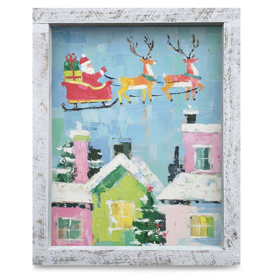 Santa Over the Rooftops | Real Wood Framed Wall Art Print