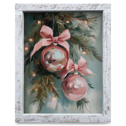 Cute Pink Christmas Bulbs  | Real Wood Framed Wall Art Print