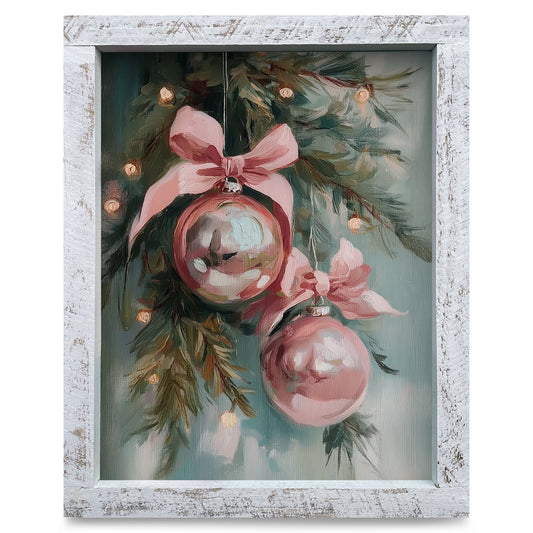Cute Pink Christmas Bulbs  | Real Wood Framed Wall Art Print
