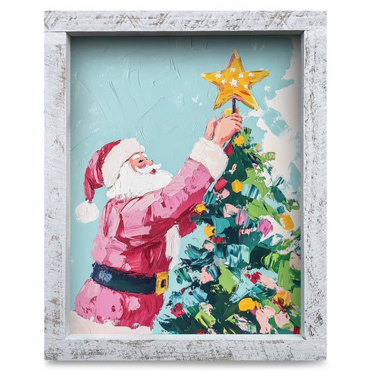 Santa Topping the Tree | Real Wood Framed Wall Art Print