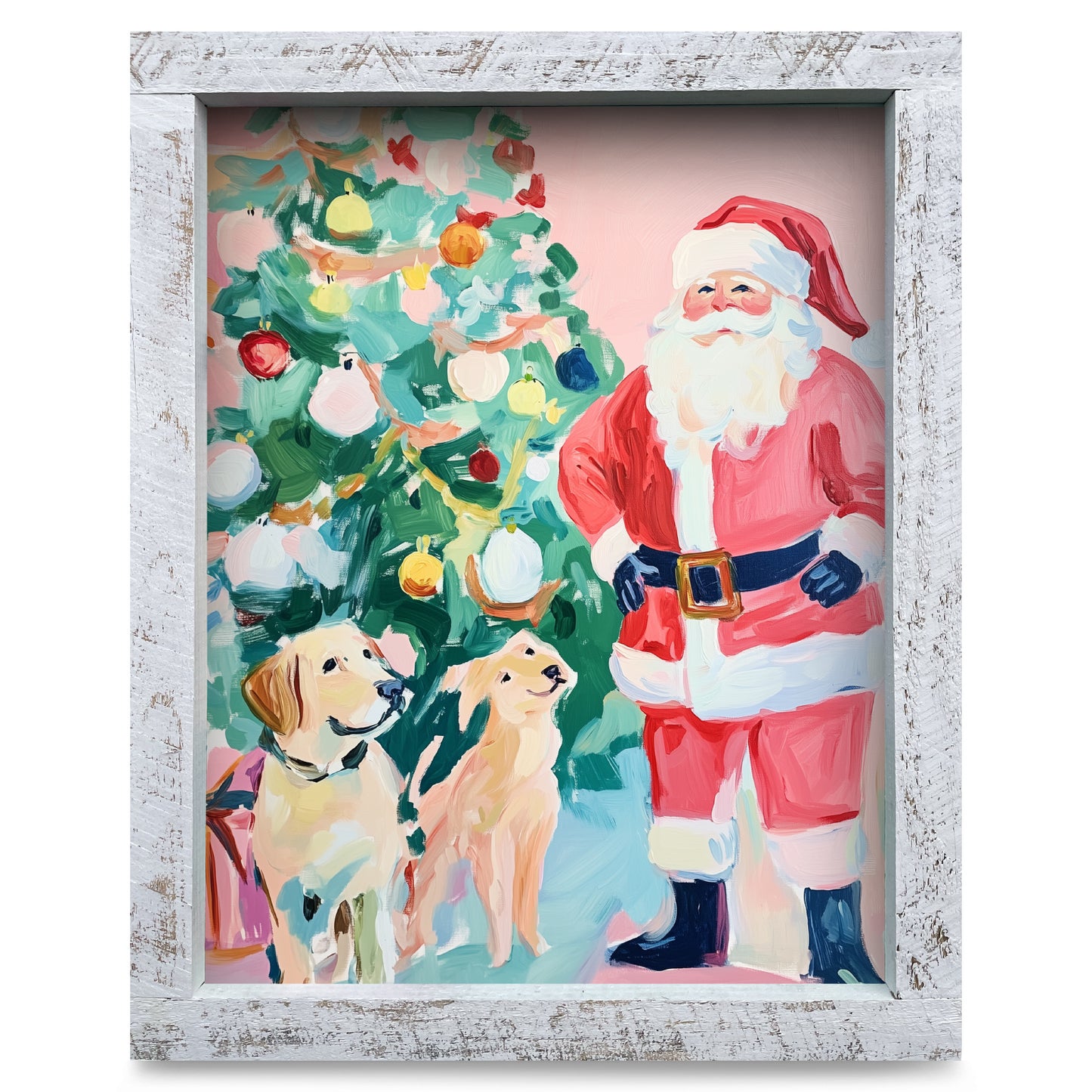 Santa Claus and Paws | Real Wood Framed Wall Art Print