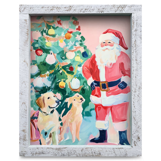 Santa Claus and Paws | Real Wood Framed Wall Art Print