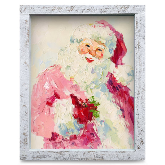 Pink Santa With Holly | Real Wood Framed Wall Art Print