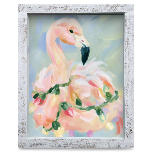 Festive Flamingo Lights | Real Wood Framed Wall Art Print