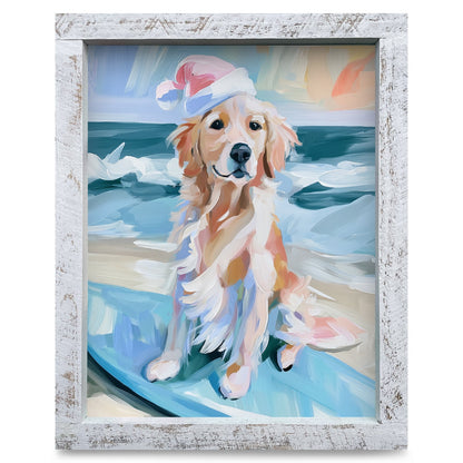 Santa Paws Surf Pup | Real Wood Framed Wall Art Print