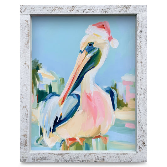 Pelican in a Santa Hat | Real Wood Framed Wall Art Print