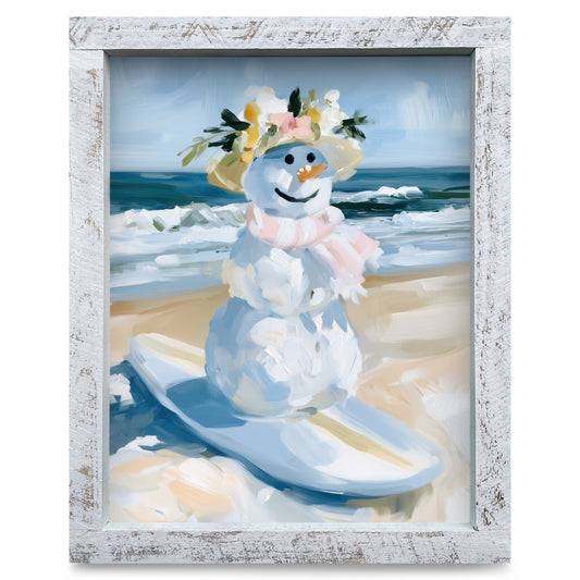 Surfing Beach Snowlady | Real Wood Framed Wall Art Print