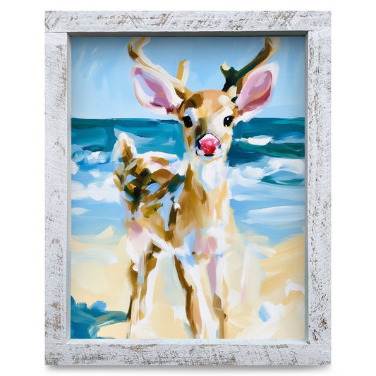 Red-Nosed Beach Reindeer | Real Wood Framed Wall Art Print