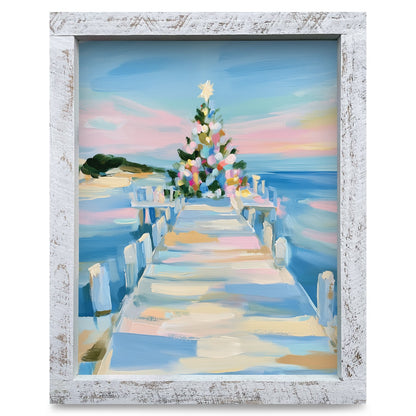 Christmas Tree on the Pier | Real Wood Framed Wall Art Print