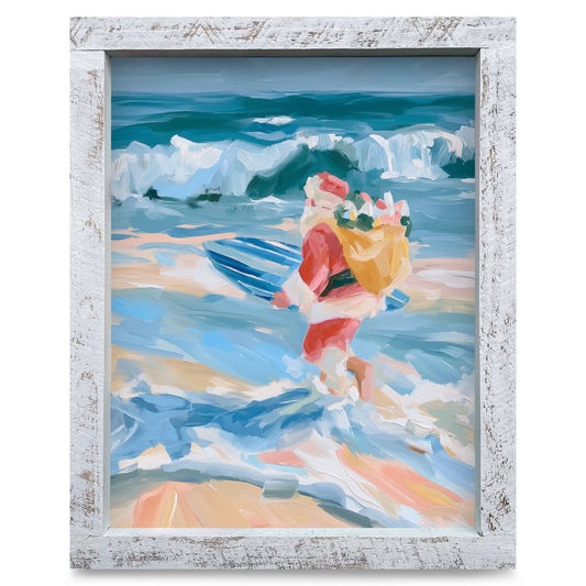Surfin' Santa | Real Wood Framed Wall Art Print