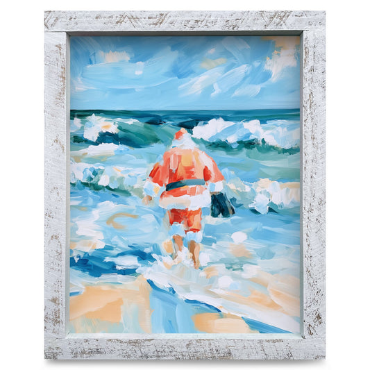 Santa's Christmas Swim | Real Wood Framed Wall Art Print