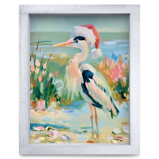 Santa Hat Beach Heron | Real Wood Framed Wall Art Print