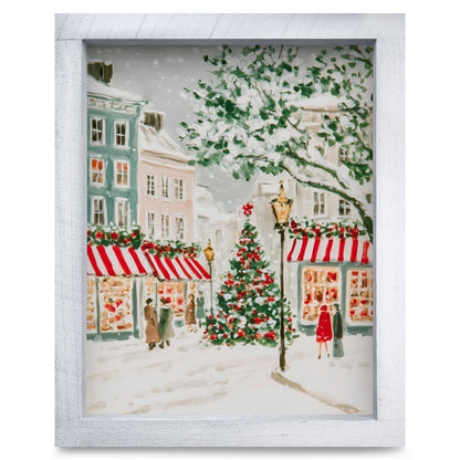 Snowy Christmas Village Street | Real Wood Framed Wall Art Print