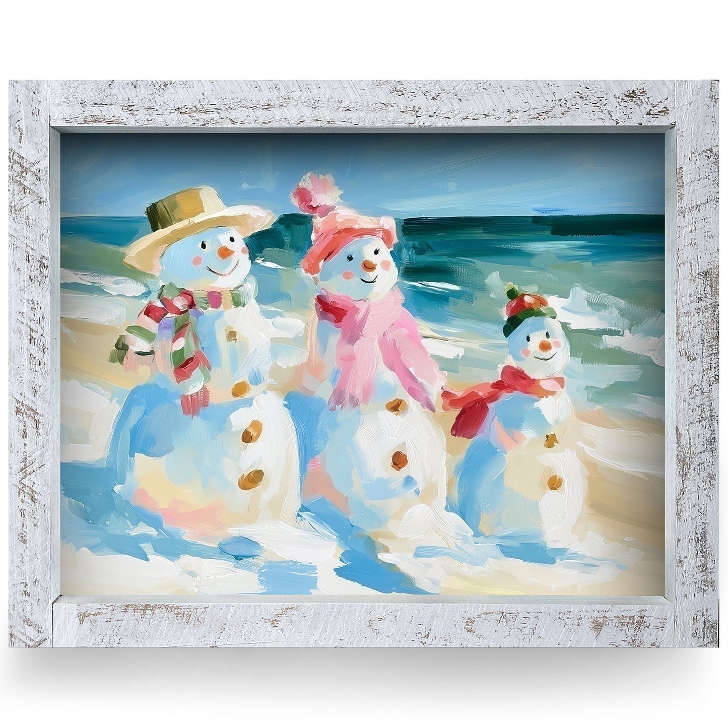 Snowman Family Beach Day | Real Wood Framed Wall Art Print
