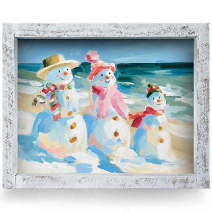 Snowman Family Beach Day | Real Wood Framed Wall Art Print