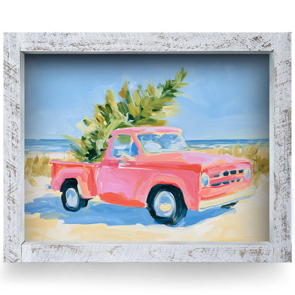 Pink Truck Christmas Tree | Real Wood Framed Wall Art Print