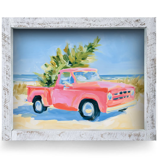 Pink Truck Christmas Tree | Real Wood Framed Wall Art Print