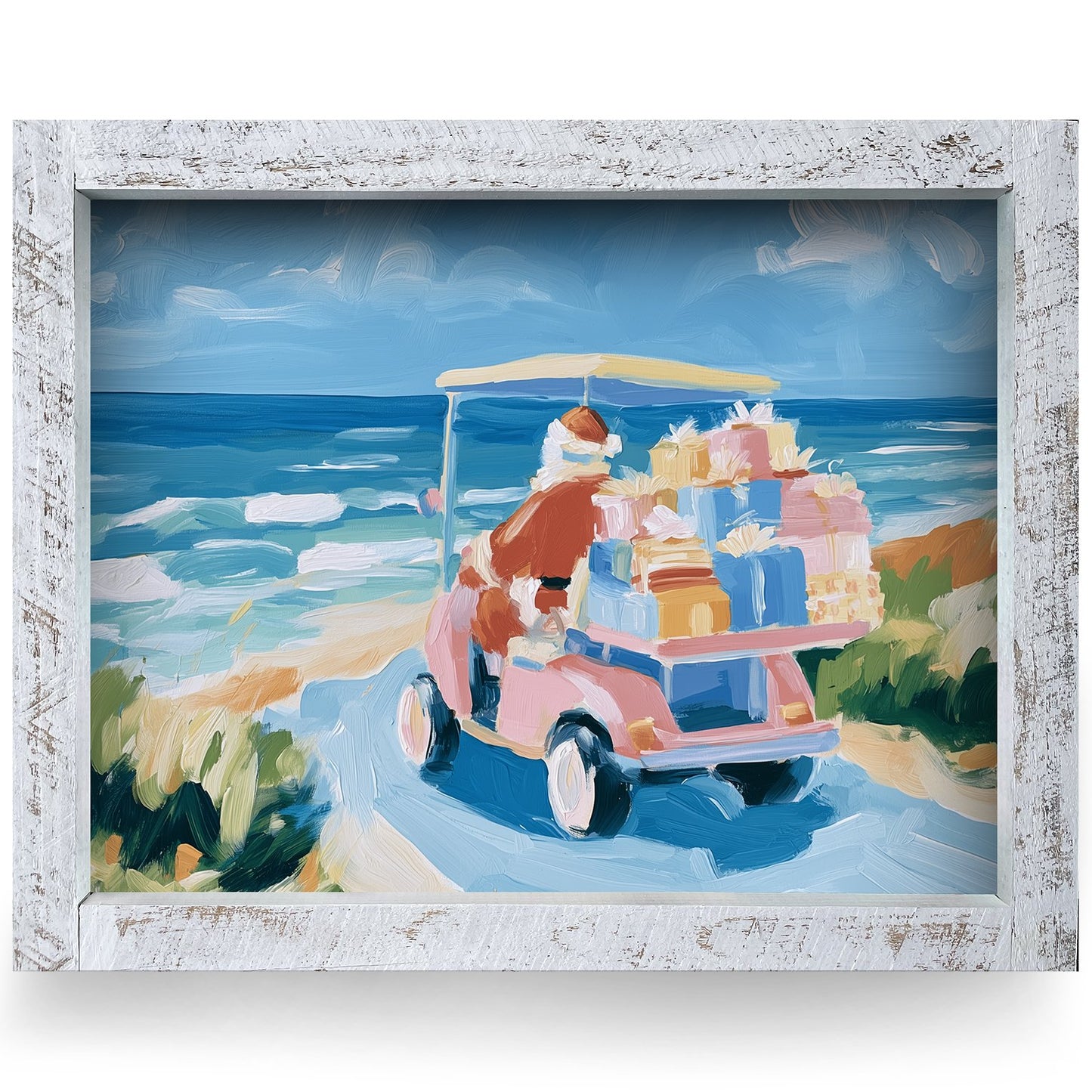 Santa's Beach Cart Delivery | Real Wood Framed Wall Art Print