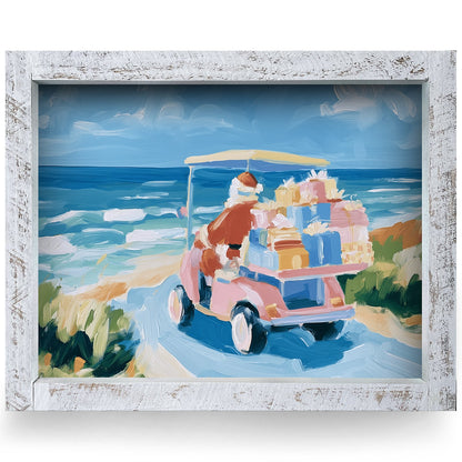 Santa's Beach Cart Delivery | Real Wood Framed Wall Art Print