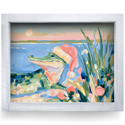 Santa Hat Coastal Gator | Real Wood Framed Wall Art Print