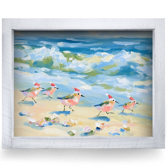 Santa Hat Sandpipers | Real Wood Framed Wall Art Print
