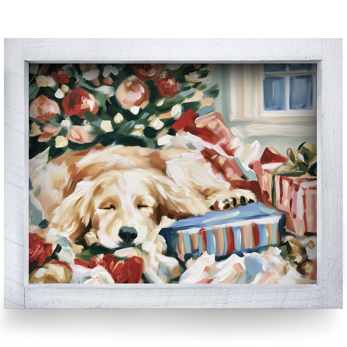 Golden Retriever Christmas Nap | Real Wood Framed Wall Art Print