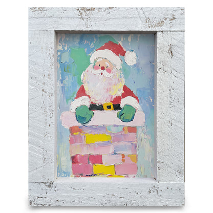 Cute Chimney Santa | Real Wood Framed Wall Art Print