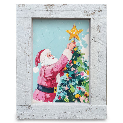 Santa Topping the Tree | Real Wood Framed Wall Art Print