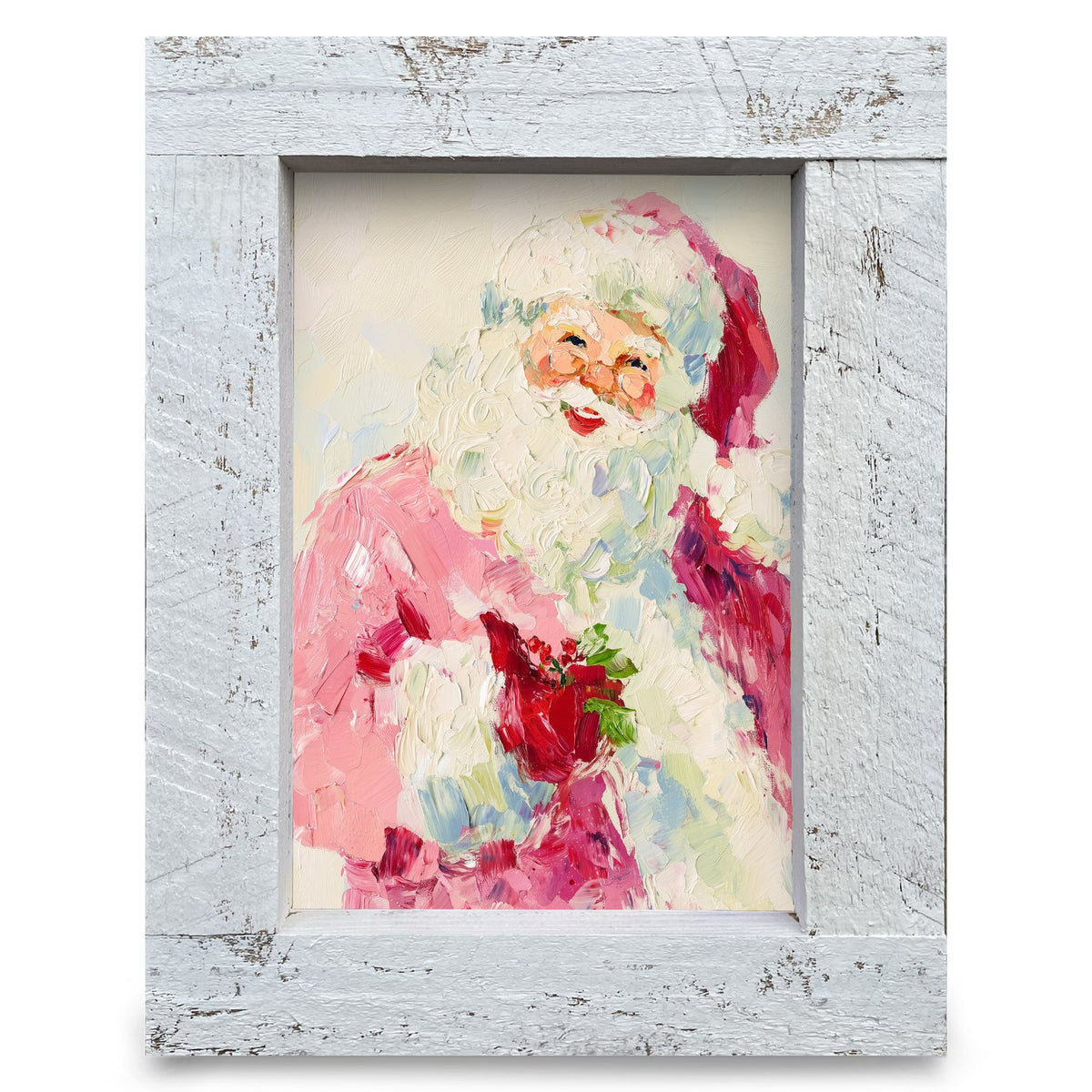 Pink Santa With Holly | Real Wood Framed Wall Art Print