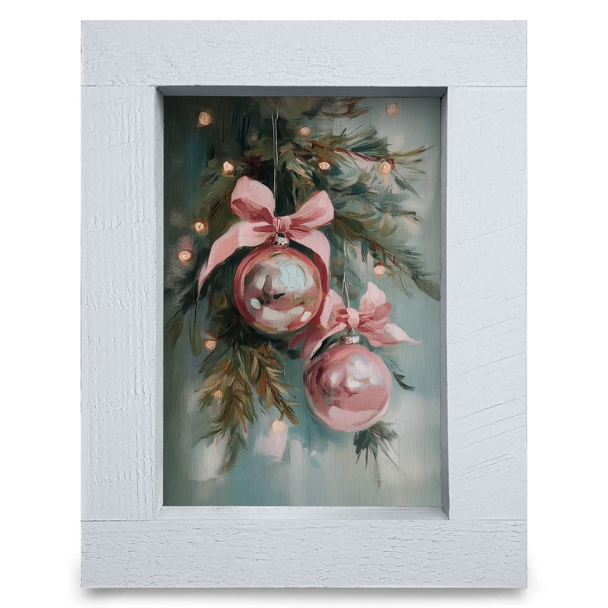 Cute Pink Christmas Bulbs  | Real Wood Framed Wall Art Print