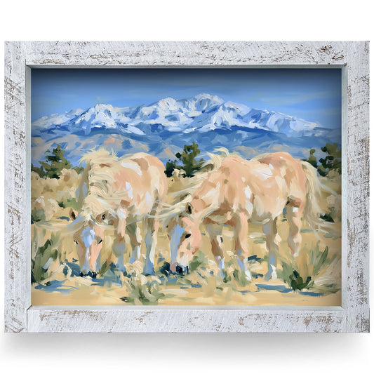 Desert Palominos Grazing | Real Wood Framed Wall Art Print