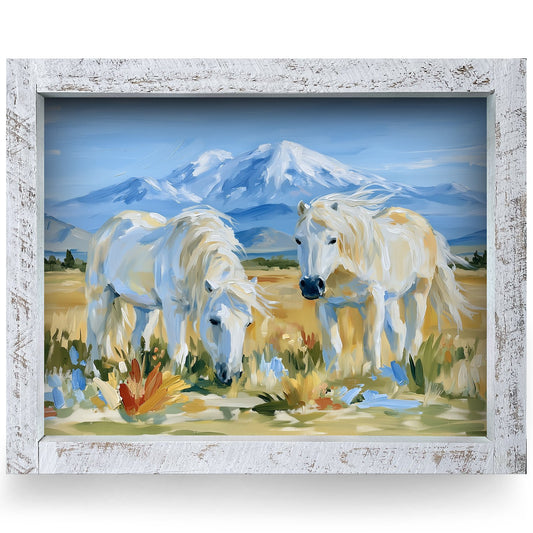 White Horses Mountain Meadow | Real Wood Framed Wall Art Print