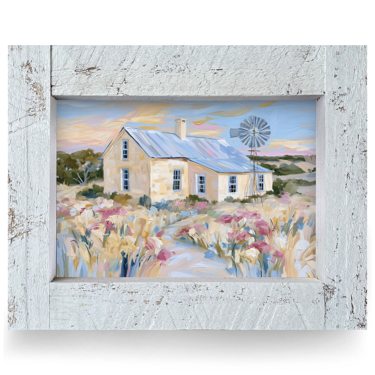 Windmill Farmhouse Wildflowers | Real Wood Framed Wall Art Print