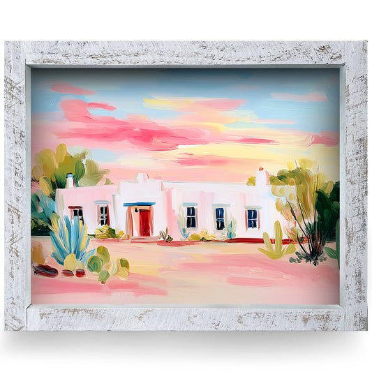 Sunset Desert Home  | Real Wood Framed Wall Art Print | Horizontal