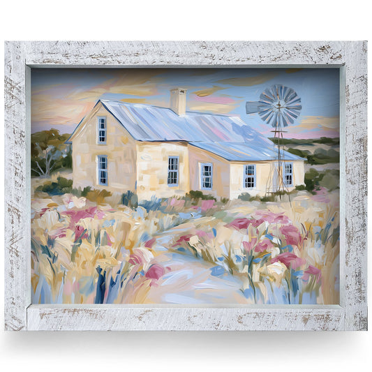 Windmill Farmhouse Wildflowers | Real Wood Framed Wall Art Print