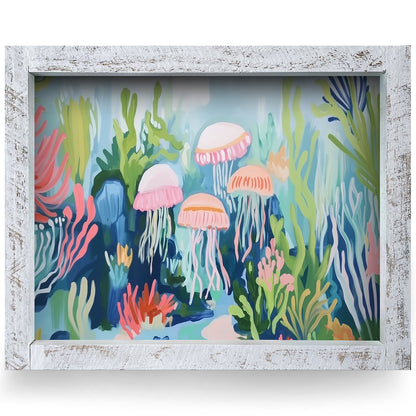 Colorful Jellyfish | Real Wood Framed Wall Art Print | Horizontal