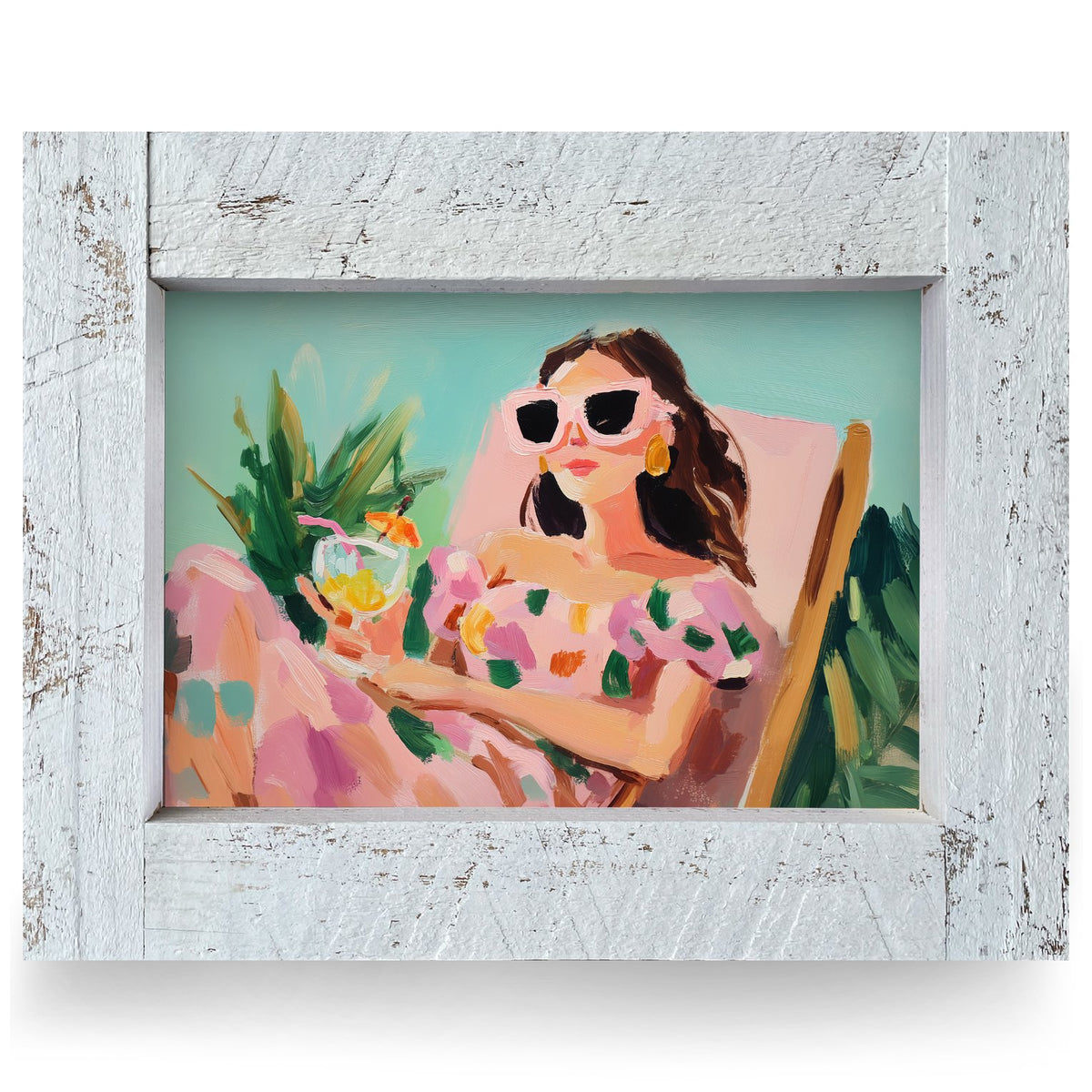 Tropical Cocktail Girl | Real Wood Framed Wall Art Print