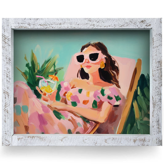 Tropical Cocktail Girl | Real Wood Framed Wall Art Print