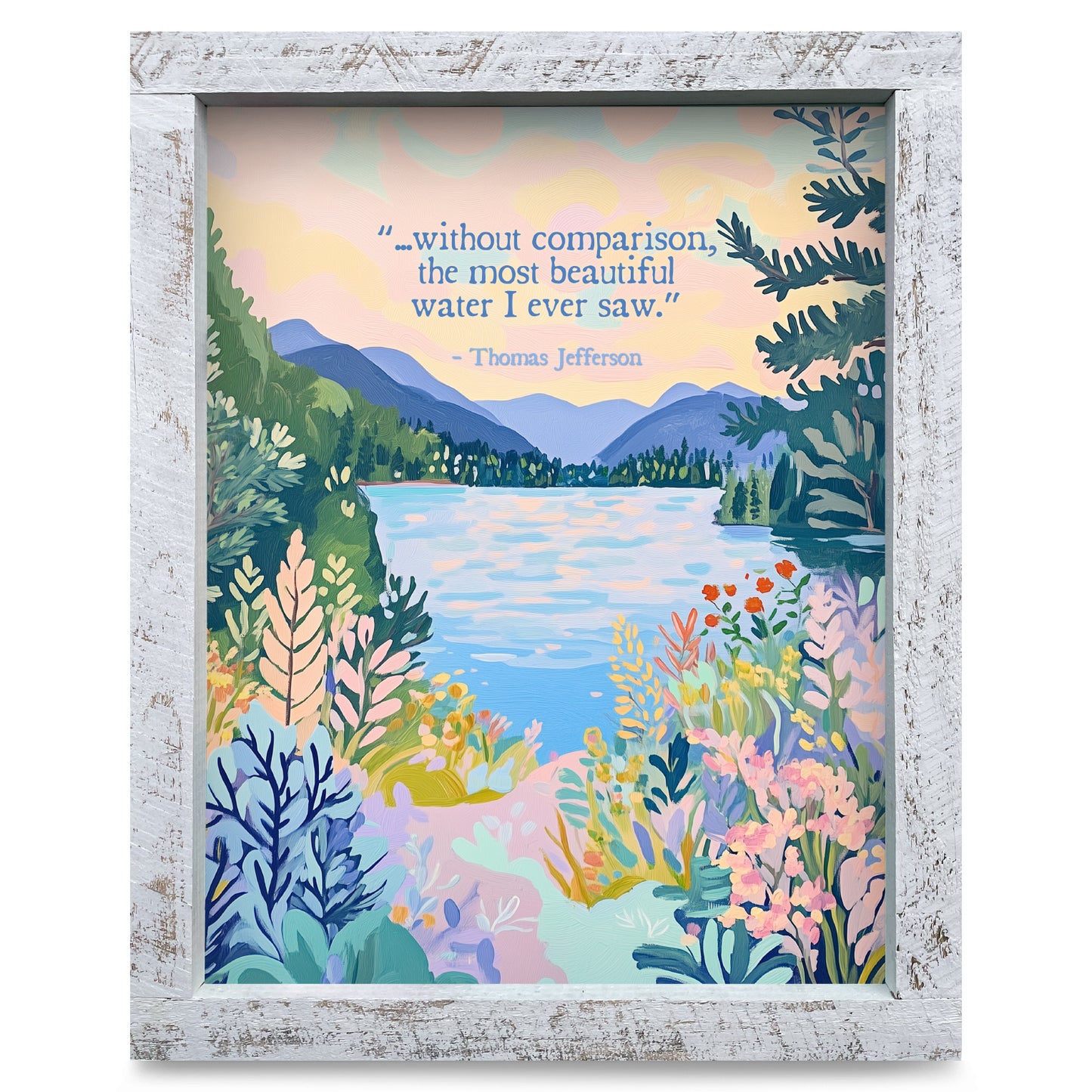 Lake George, New York Quote & Whimsical Lake Scene | Real Wood Framed Wall Art Print